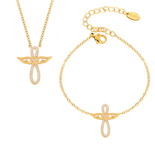 Gold stainless steel angel wing CZ necklace and bracelet set for layering, wholesale boutique jewelry.