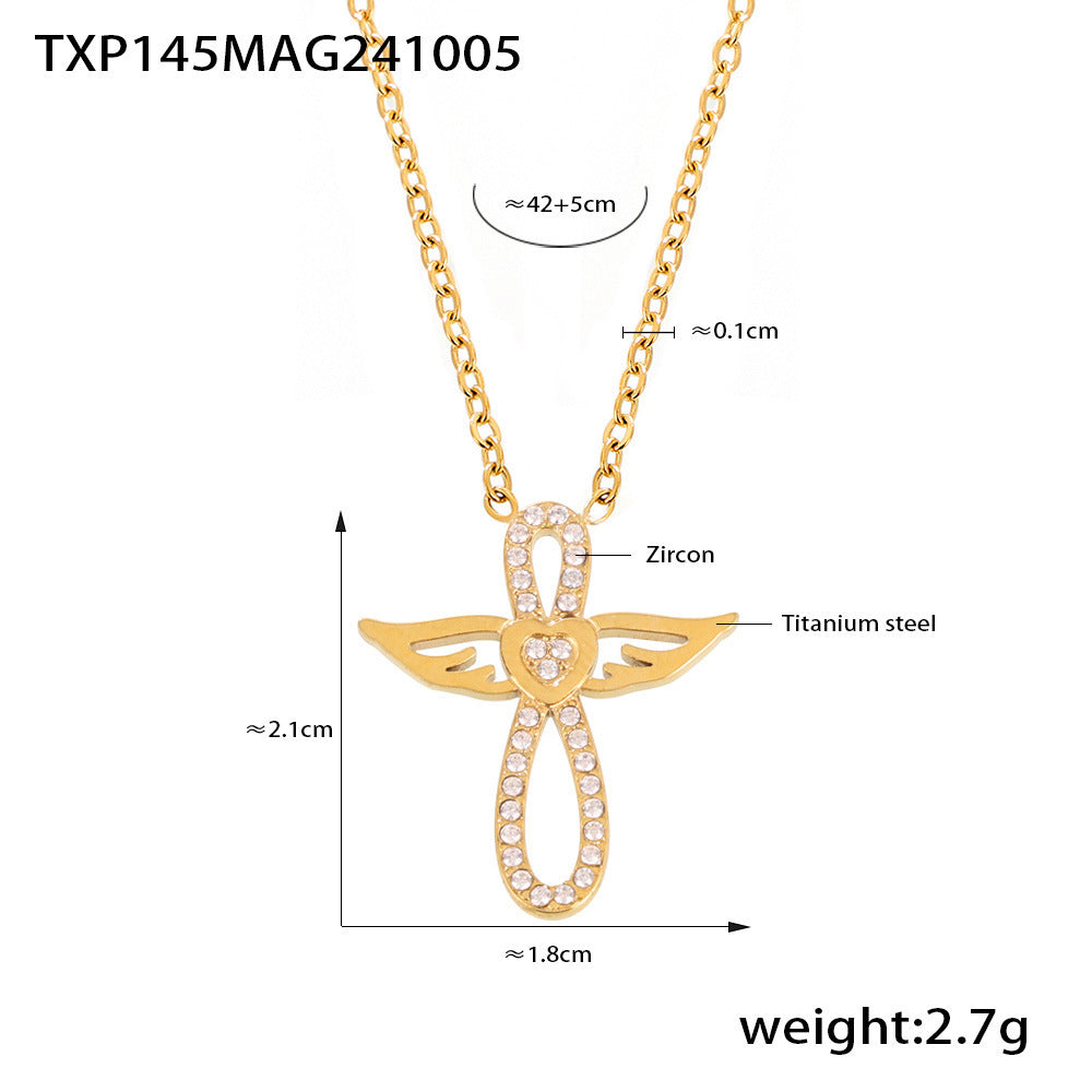 Gold PVD angel wing CZ pendant necklace in stainless steel, 42+5cm chain, pendant 2.1x1.8cm.