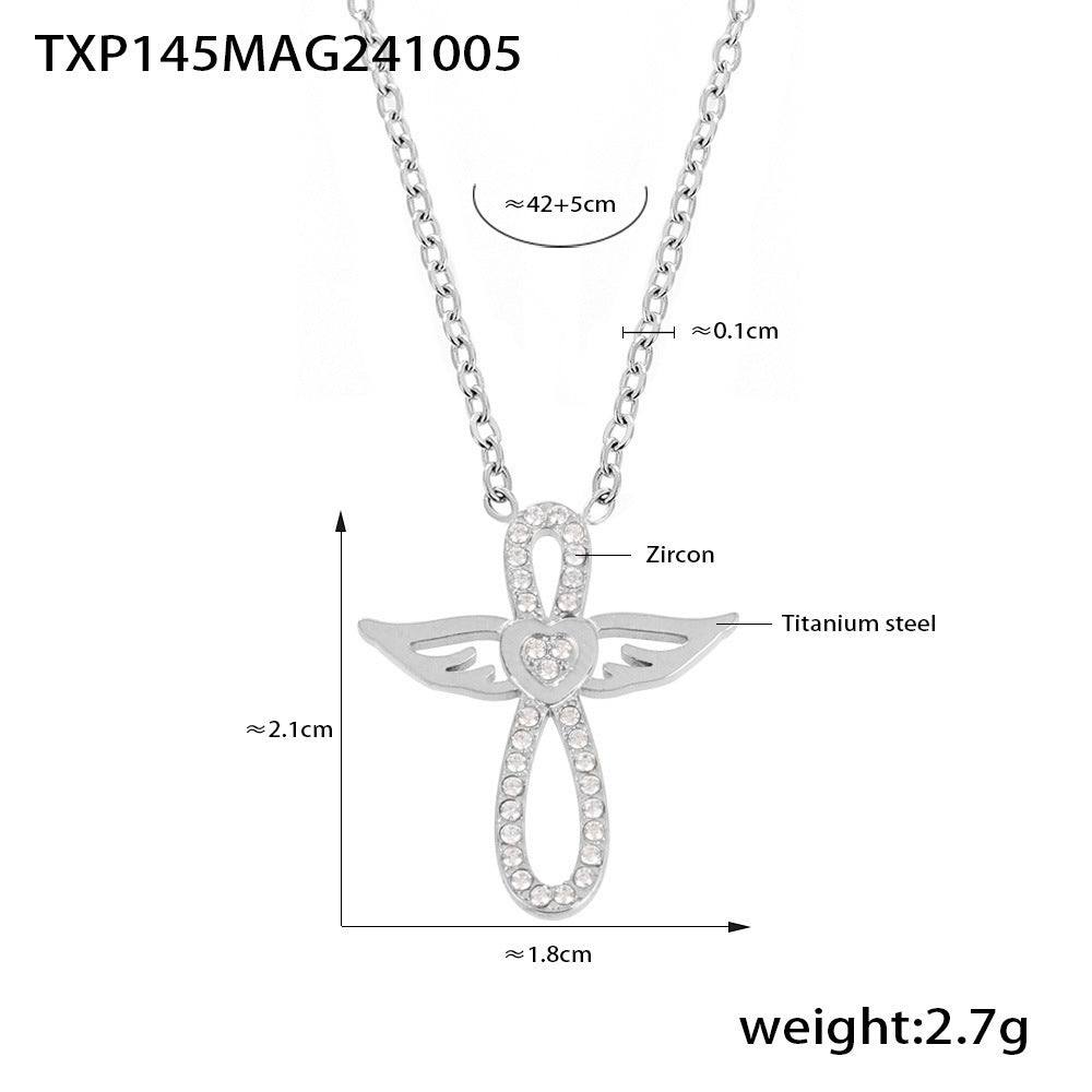 Silver tone angel wing CZ pendant necklace in stainless steel, 42+5cm chain, pendant 2.1x1.8cm.