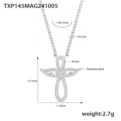 Silver tone angel wing CZ pendant necklace in stainless steel, 42+5cm chain, pendant 2.1x1.8cm.