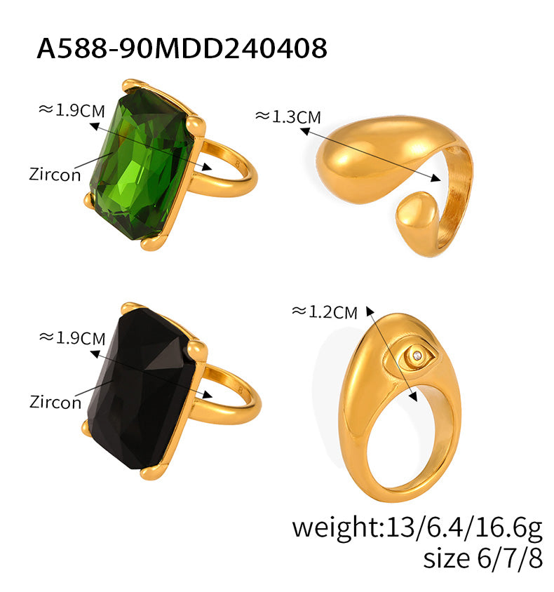 Supplier comparison sheet showing sculptural rings and rectangular stone rings with assorted measurements