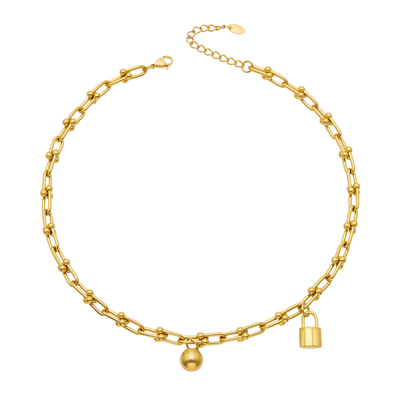 MiduoduoJewelry gold ball lock chain link necklace with oval links and small charm details