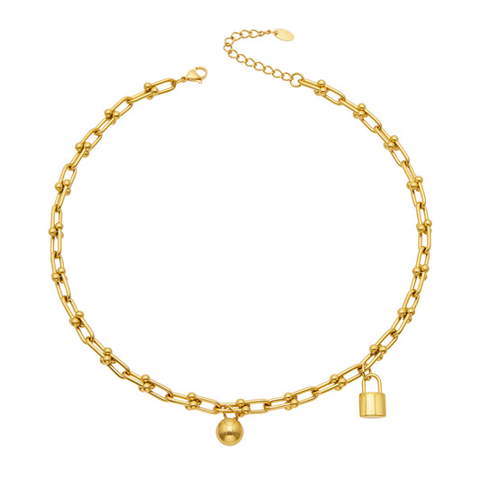 MiduoduoJewelry gold ball lock chain link necklace with oval links and small charm details