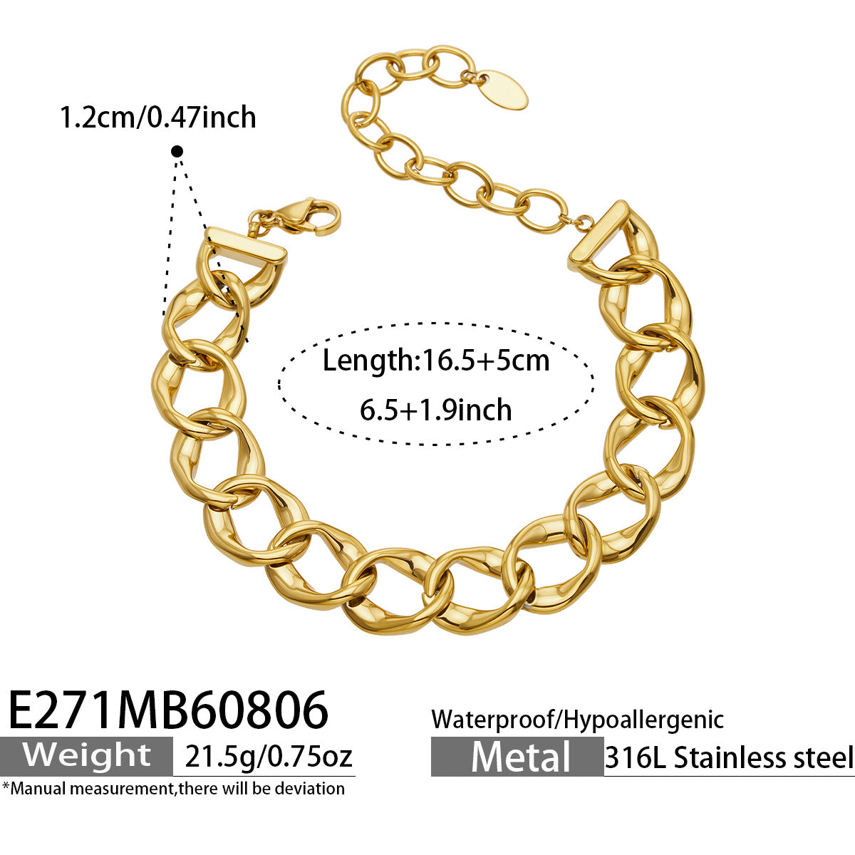 316L Stainless Steel 18K PVD Gold Bear Pendant Chain Bracelet made with 316L stainless steel and 18K PVD gold finish for wholesale jewelry buyers - image 12
