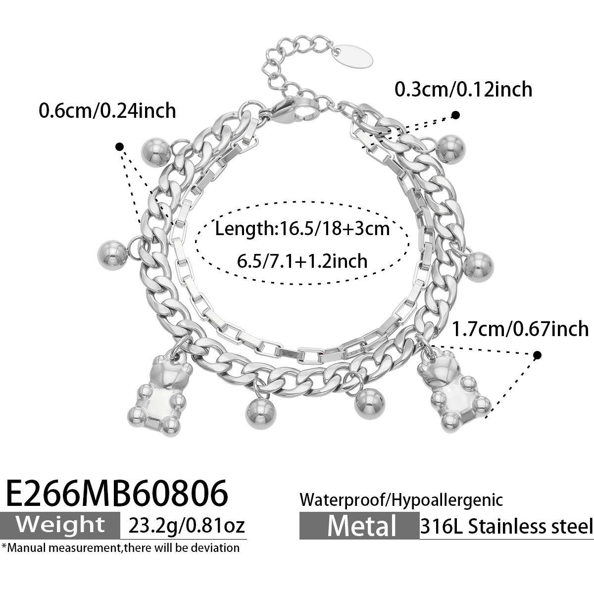 316L Stainless Steel 18K PVD Gold Bear Pendant Chain Bracelet made with 316L stainless steel and 18K PVD gold finish for wholesale jewelry buyers - image 9