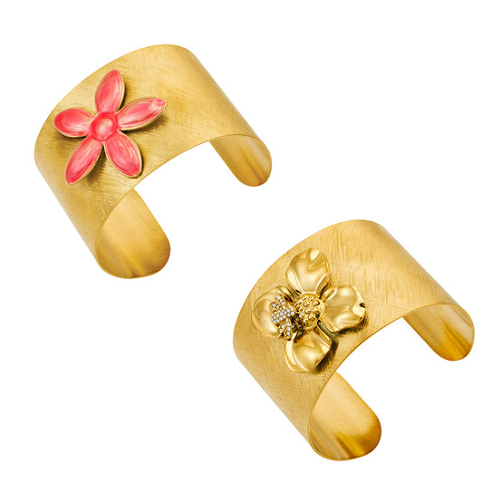 MiduoduoJewelry gold floral cuff bracelet collection with bee zircon and pink enamel flower designs