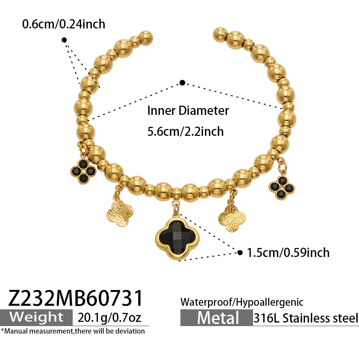 Black four-leaf clover charm bracelet length and clover pendant specification guide