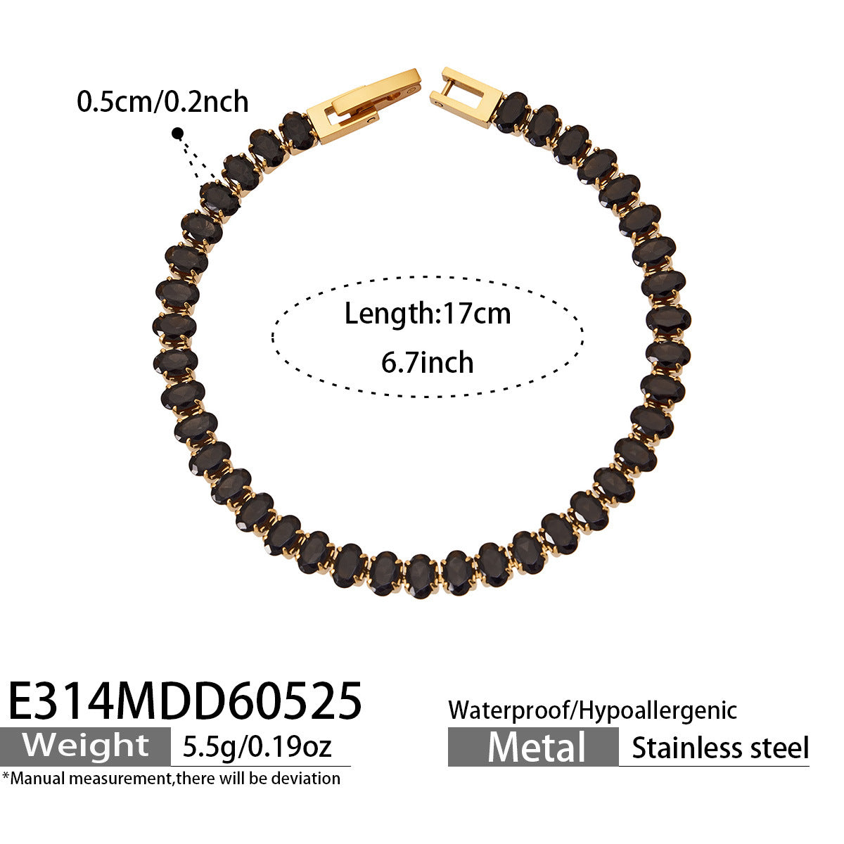 Black CZ tennis bracelet in 18K PVD gold stainless steel for modern wholesale jewelry assortments