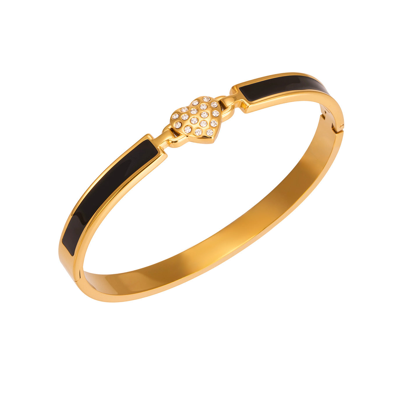 Black enamel heart zircon bangle in 316L stainless steel with 18K gold finish for wholesale boutique jewelry buyers