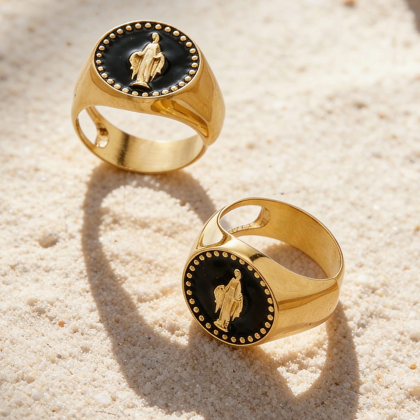 Black enamel Virgin Mary gold signet ring crafted from stainless steel, bold religious statement jewelry