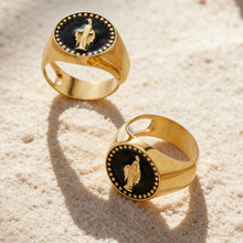 Black enamel Virgin Mary gold signet ring crafted from stainless steel, bold religious statement jewelry