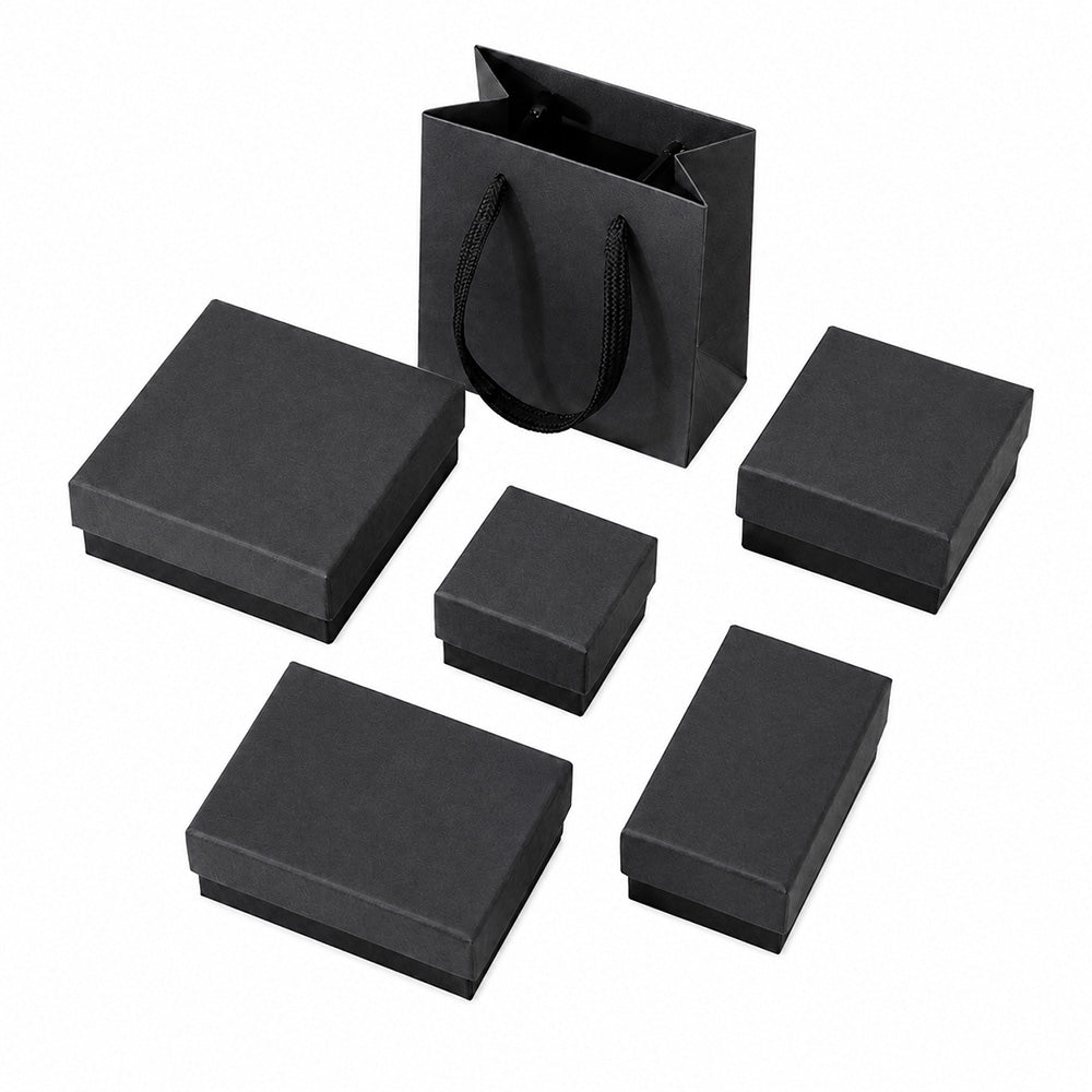Black kraft jewelry boxes with foam inserts and matching gift bag for wholesale jewelry packaging