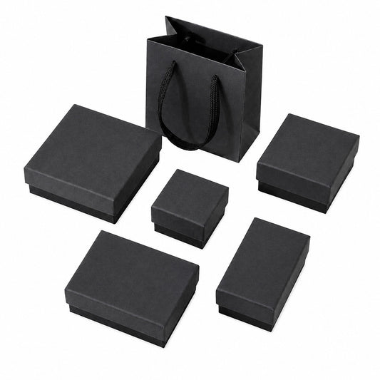 Black kraft jewelry boxes with foam inserts and matching gift bag for wholesale jewelry packaging
