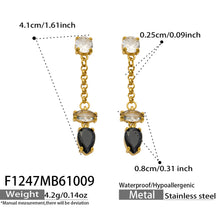 Product measurement diagram of black teardrop gold chain earrings showing the hanging length and stone dimensions