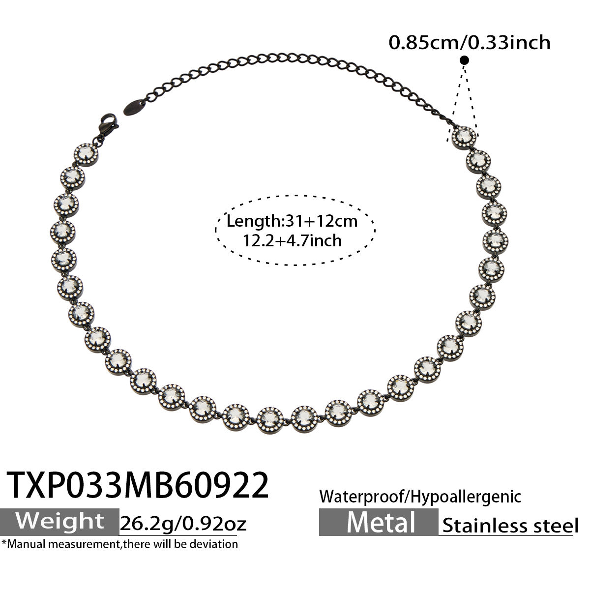 Elegant black zircon necklace in 316L stainless steel