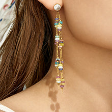 Blue crystal dangle earrings styling look with 18K PVD gold finish
