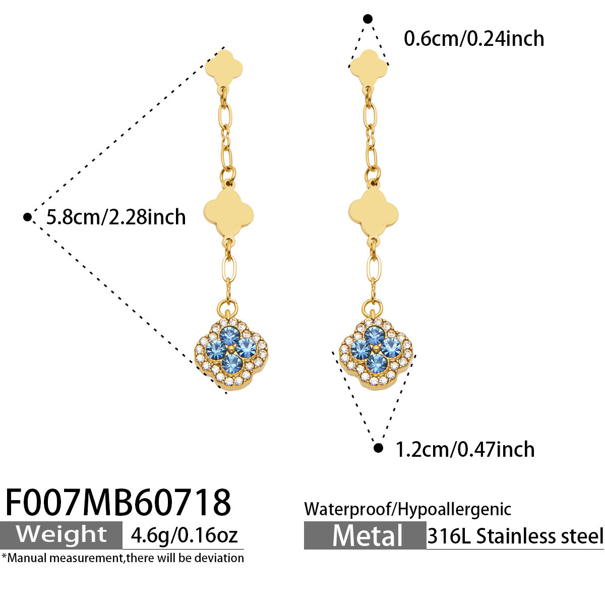 Size specifications for blue crystal gold clover drop earrings