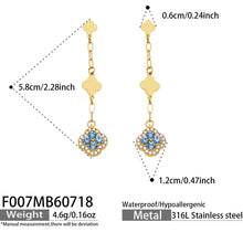 Size specifications for blue crystal gold clover drop earrings