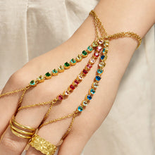 Blue cubic zirconia hand chain bracelet with gold stainless steel chain