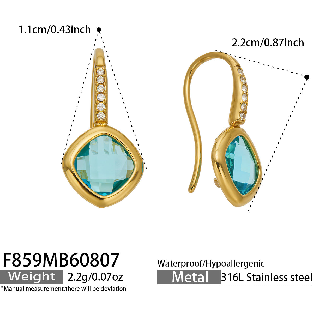 Blue glass stone drop earrings size and product detail guide