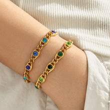 Blue and green zircon bracelets worn on wrist