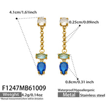Size reference for blue zirconia gold drop earrings with front views and measurements of the chain and teardrop stones