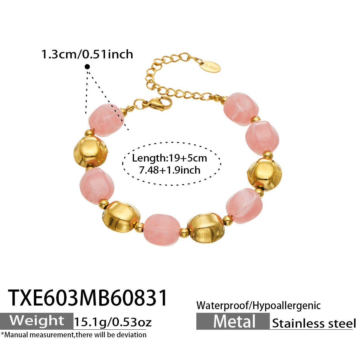 Specification card for a blush pink resin bead bracelet with stainless steel accent beads.