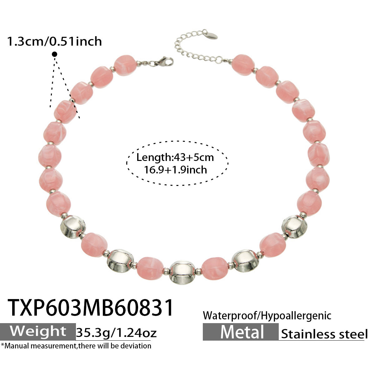 Specification card for a blush pink resin bead necklace with stainless steel accent beads.