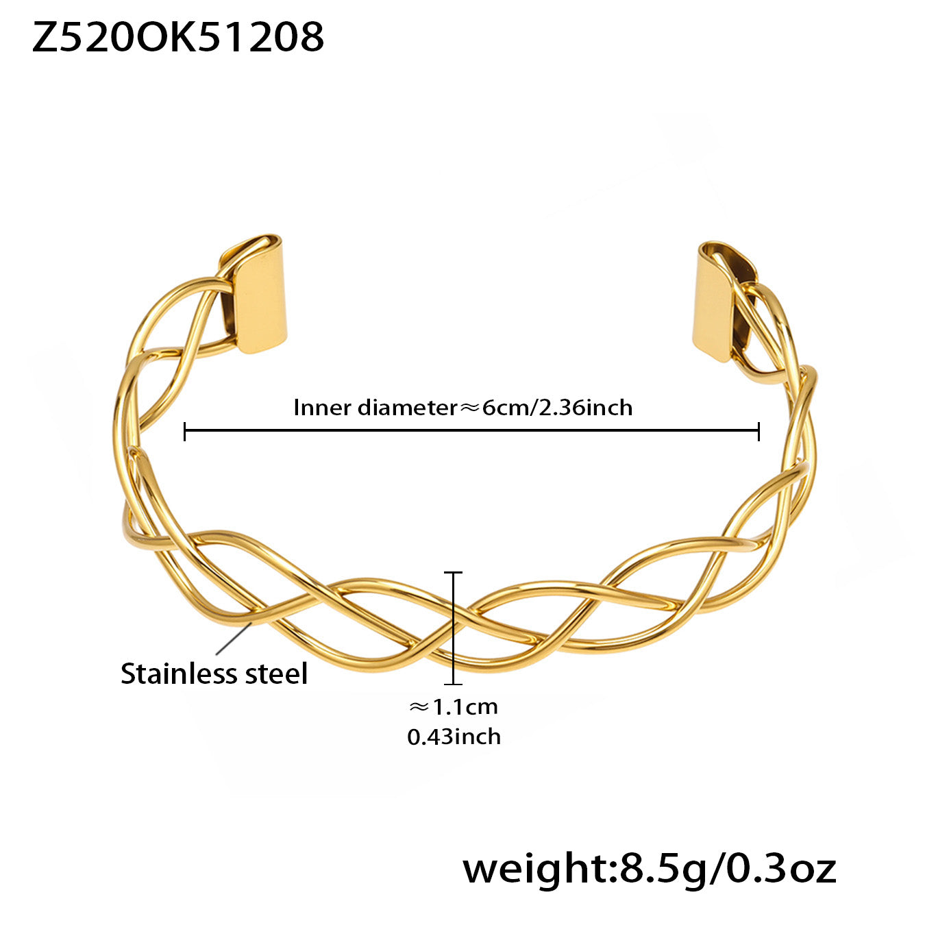 18k pvd gold stainless steel braided open cuff bangle, inner diameter 6cm, weight 8.5g