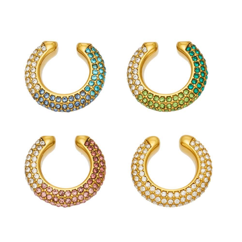 C-shaped colorful cubic zirconia no-piercing ear cuffs in gold and steel finishes