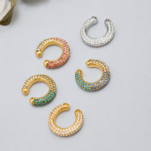 C-shaped cubic zirconia ear cuffs in steel, clear and colorful gold options