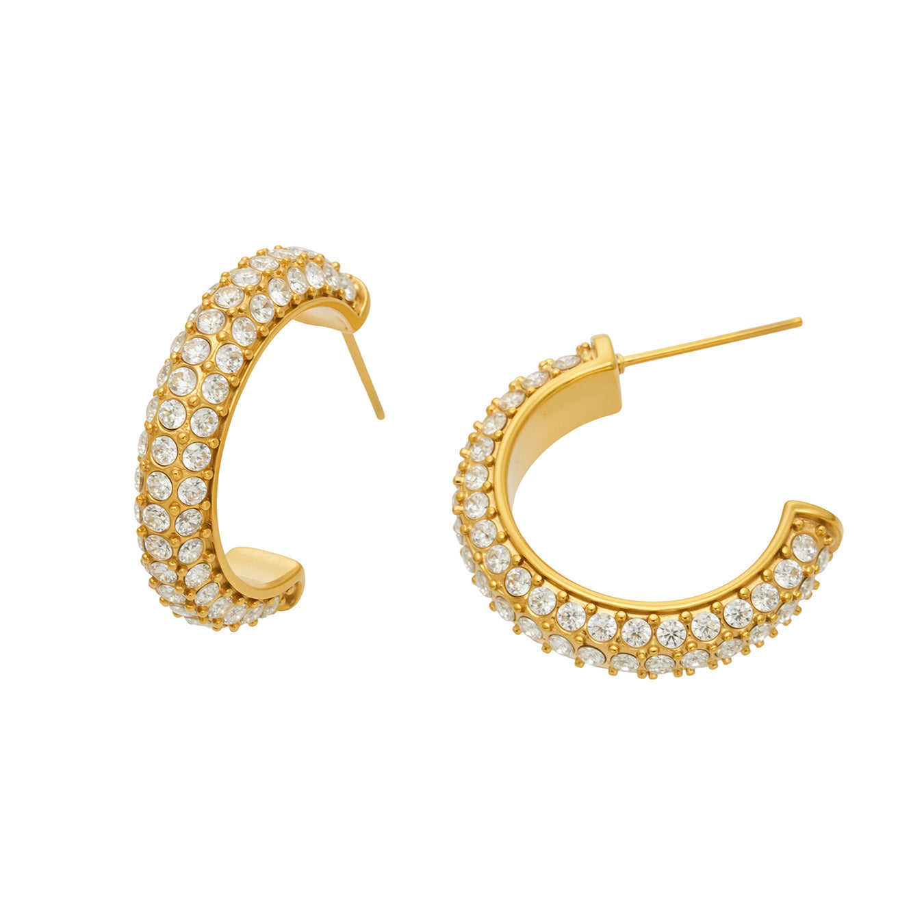 C-shaped pavé cubic zirconia hoop earrings made from 316 stainless steel in gold and steel finishes