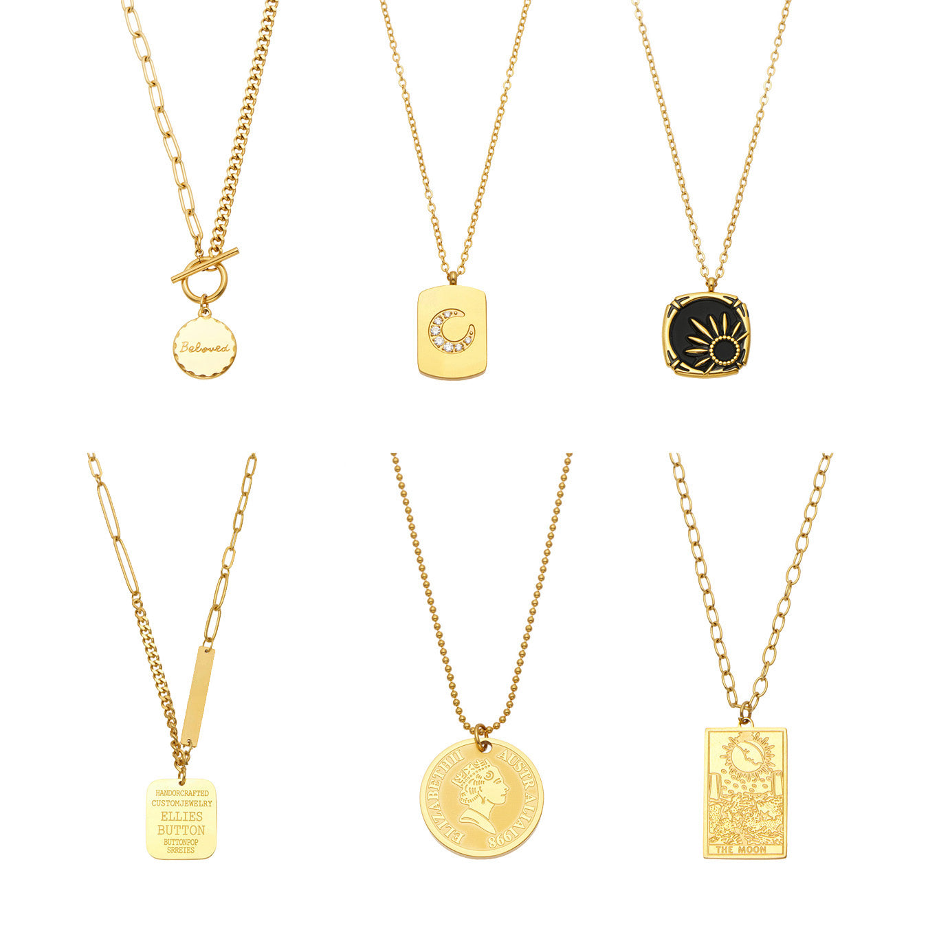 MiduoduoJewelry celestial, medallion and geometric pendant necklace collection in gold and steel finishes