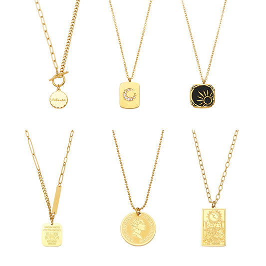 MiduoduoJewelry celestial, medallion and geometric pendant necklace collection in gold and steel finishes