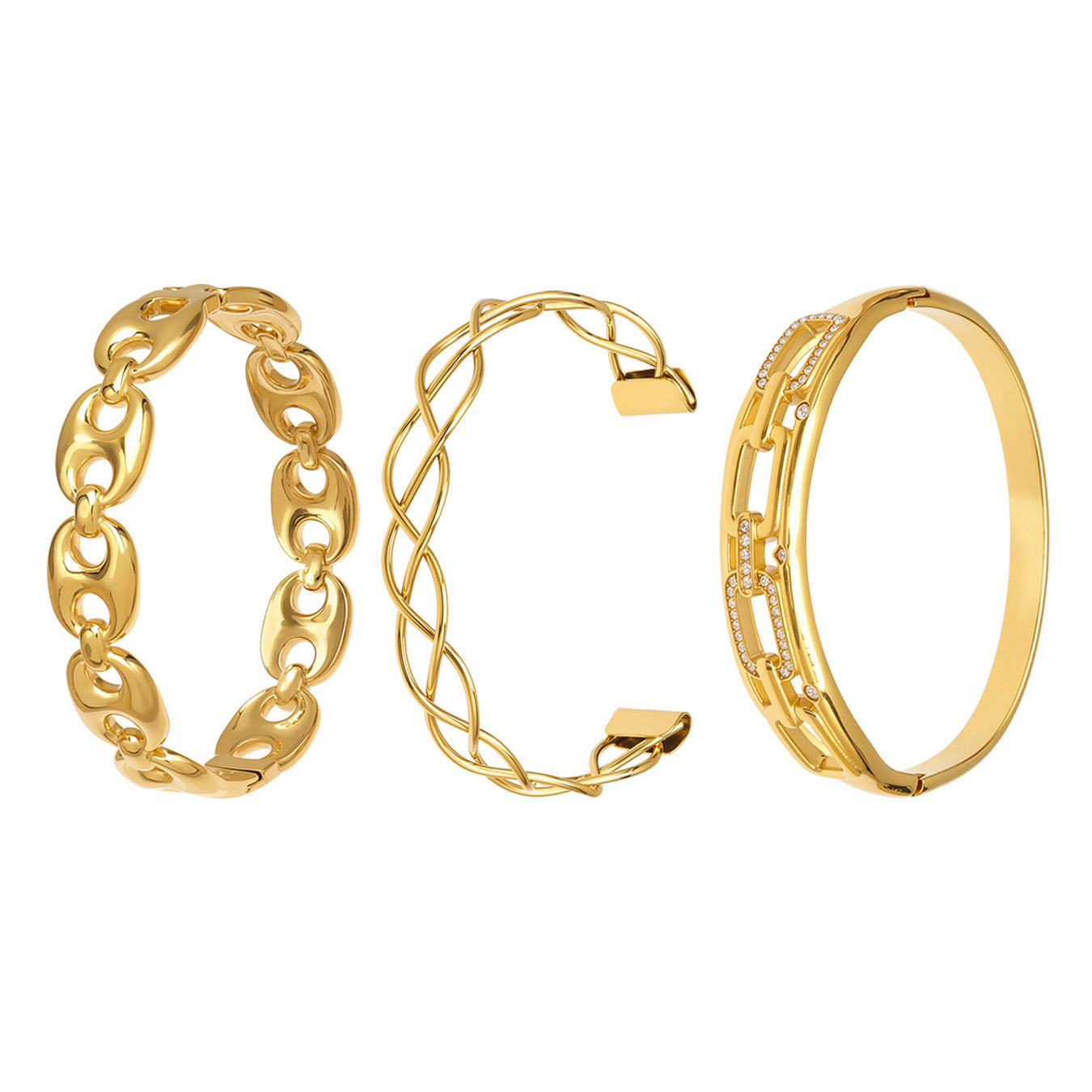 18k pvd gold plated stainless steel chain weave zircon open bangle set, 3-piece hollow cutout cuff bracelets
