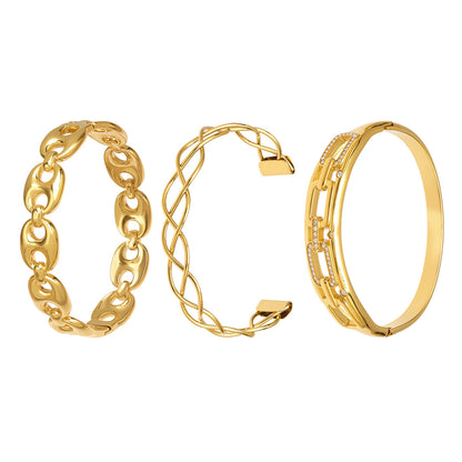 18k pvd gold plated stainless steel chain weave zircon open bangle set, 3-piece hollow cutout cuff bracelets