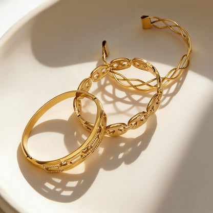 stacked 18k gold chain weave zircon open bangles, stainless steel cuff bracelet set layering detail