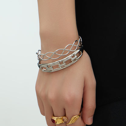silver stainless steel chain weave zircon open bangle set, cutout design cuff bracelets for women