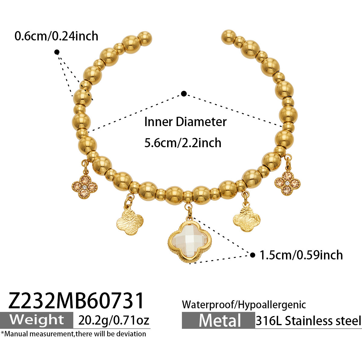 Champagne four-leaf clover charm bracelet dimensions and product specification guide