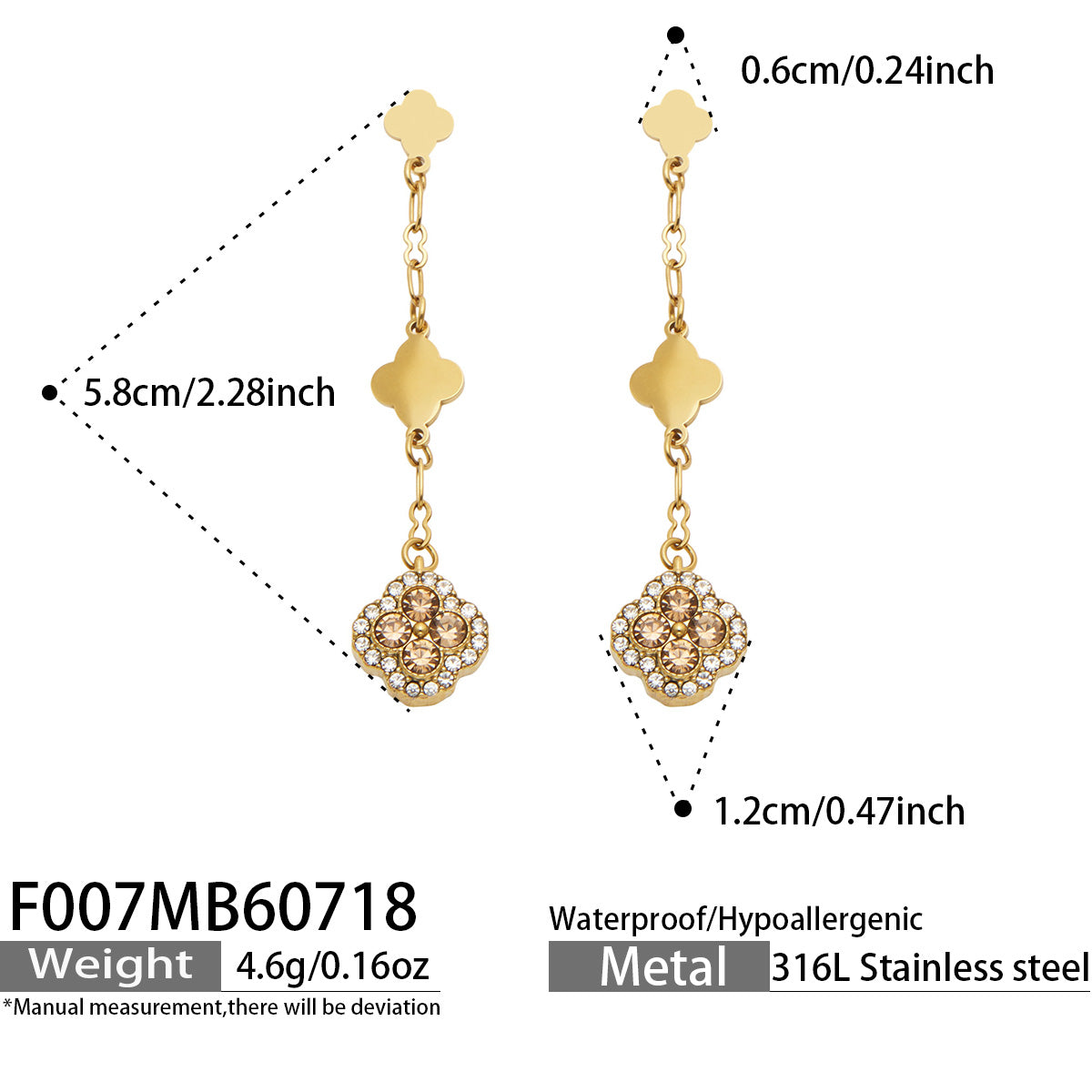 Product size details for champagne crystal gold clover drop earrings