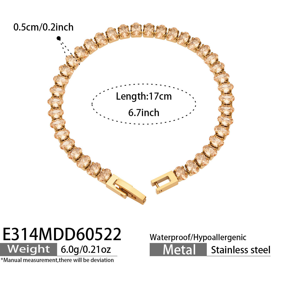 Champagne CZ tennis bracelet in 18K PVD gold plated stainless steel for elegant wholesale bracelet collections