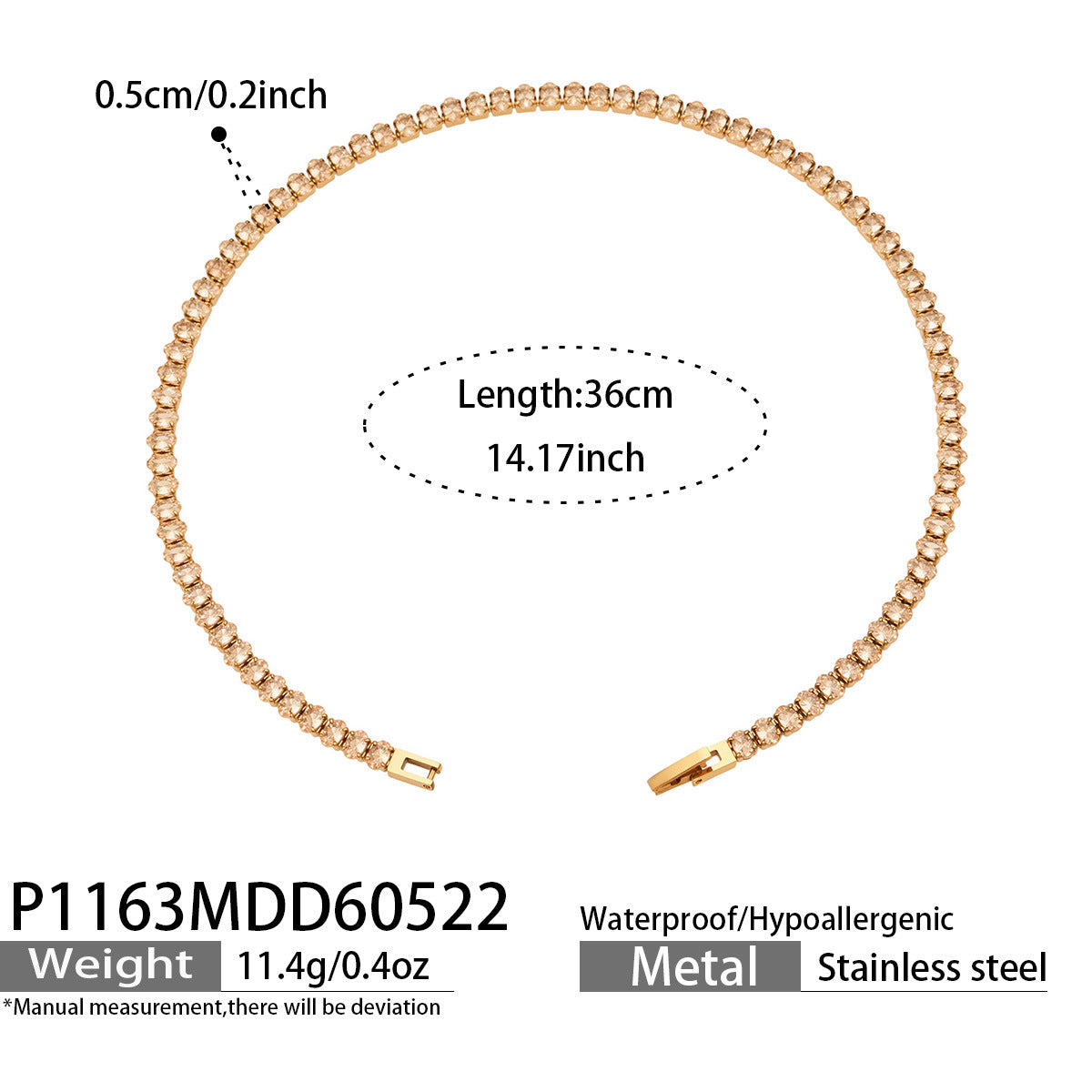 Champagne CZ tennis necklace in 316L stainless steel with 18K PVD gold finish for elegant wholesale necklace collections