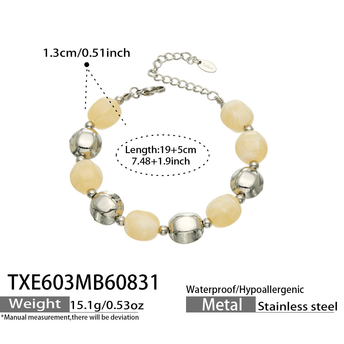 Specification card for a champagne resin bead bracelet with stainless steel accent beads.