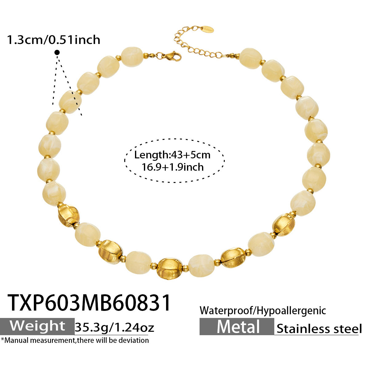 Specification card for a champagne resin bead necklace with stainless steel accent beads.