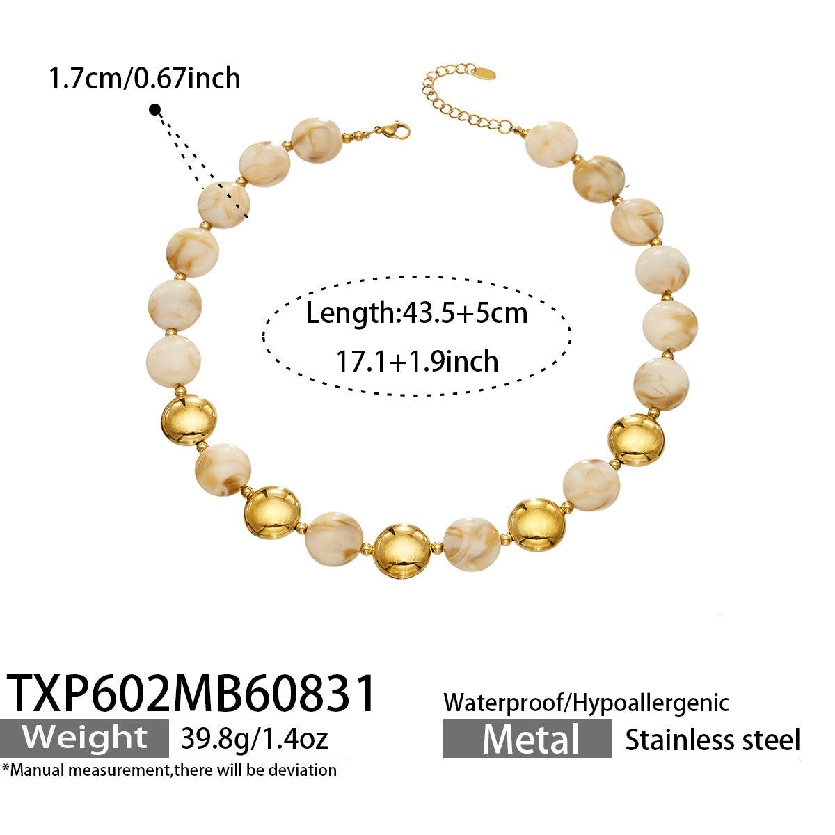 Champagne resin bead necklace with gold-tone accents, product detail sheet with size and style information.