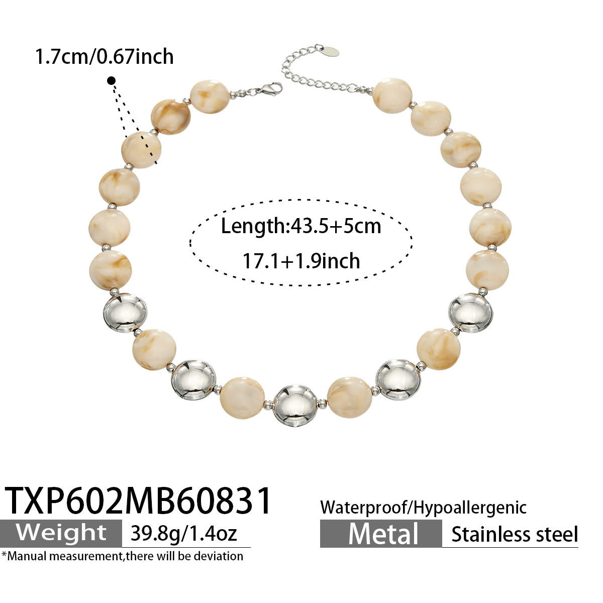 Champagne resin bead necklace with steel-tone accents, product detail sheet with size and style information.
