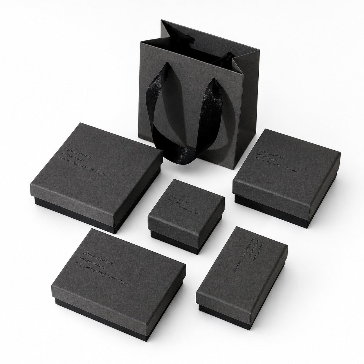 Charcoal gray jewelry boxes with matching gift bag for wholesale jewelry packaging