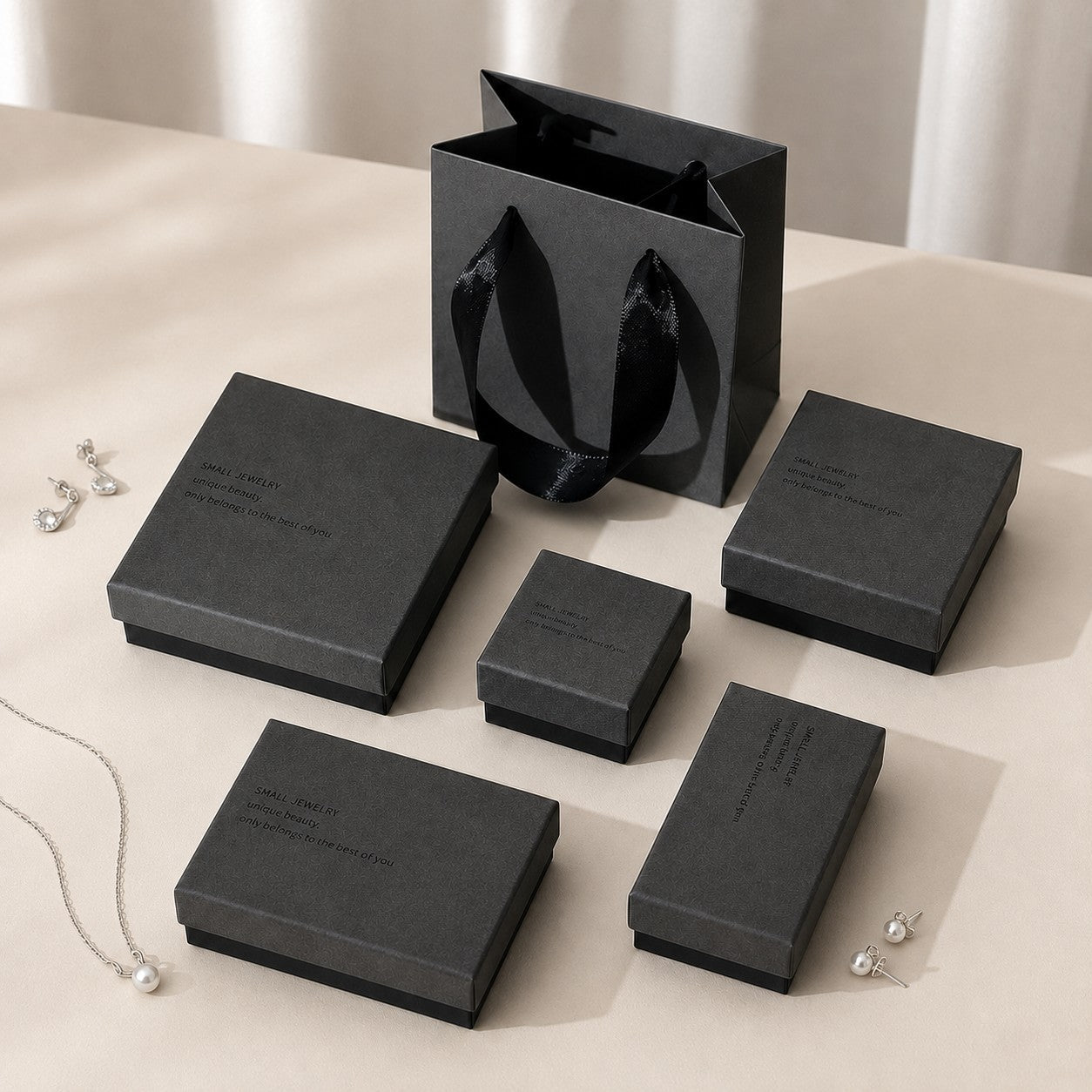 Charcoal gray jewelry gift box collection in assorted sizes for wholesale jewelry packaging