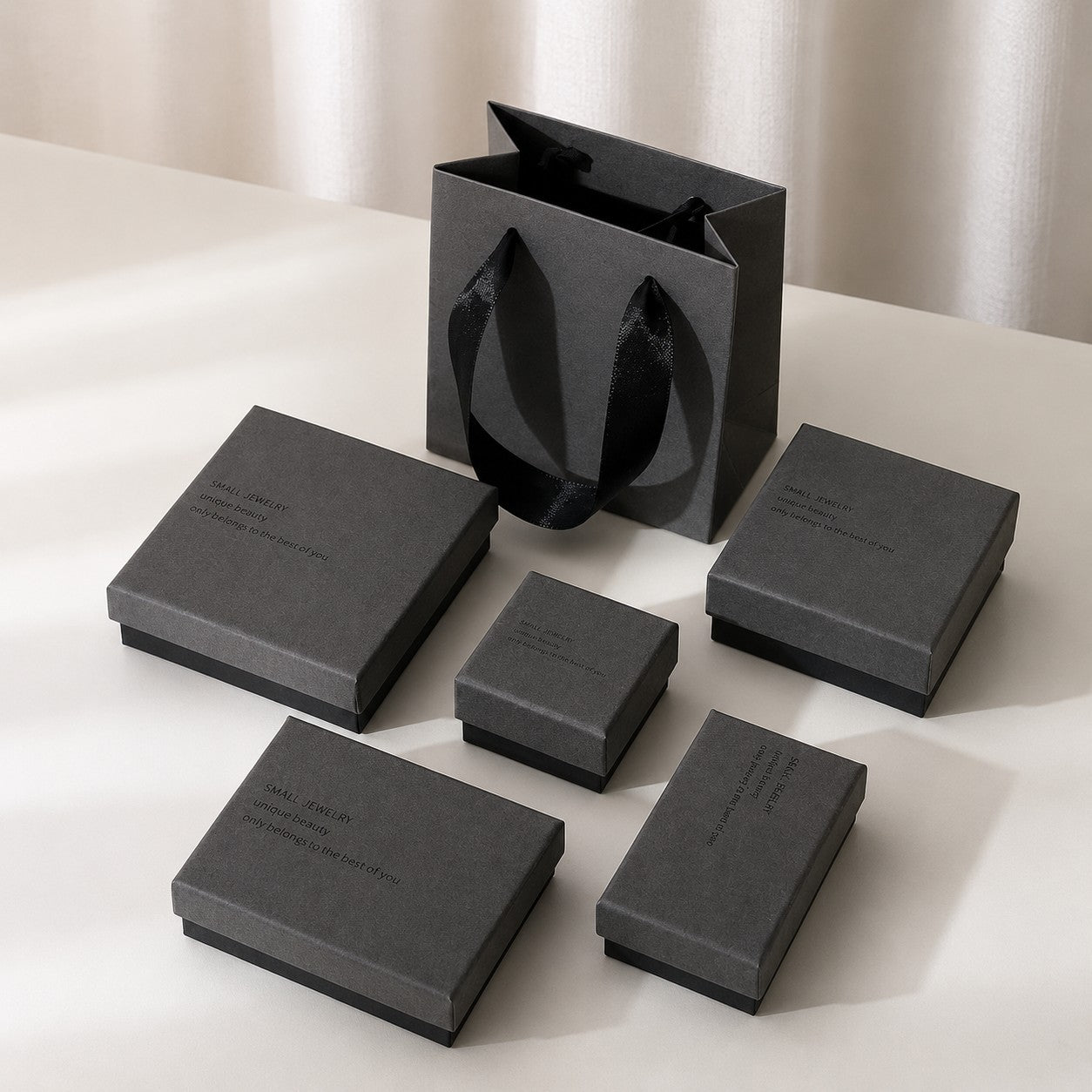 Charcoal gray jewelry packaging box set in multiple sizes for rings earrings necklaces and bracelets