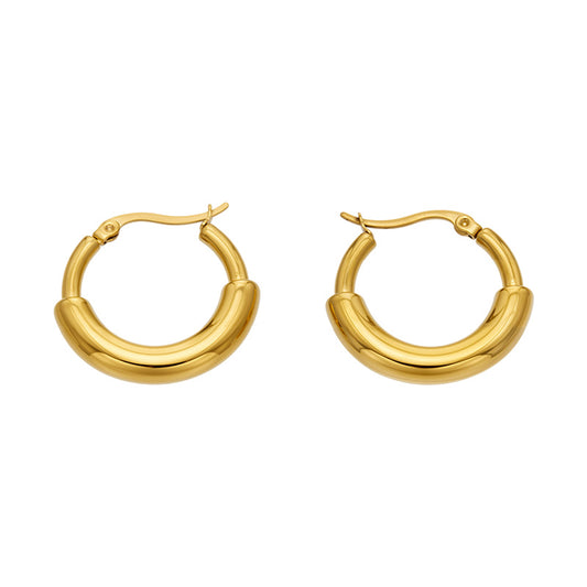 Chunky gold C-shaped hoop earrings made from 316 stainless steel with a smooth polished finish